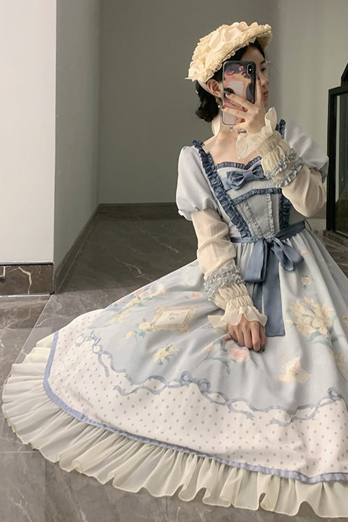 Azure Floral-Print Long-Sleeve Sweet OP with Square Collar