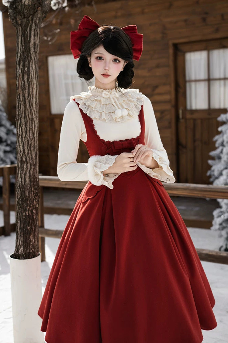 Classic Elegant Lolita Bandeau Dress with Embroidered Bow - Red