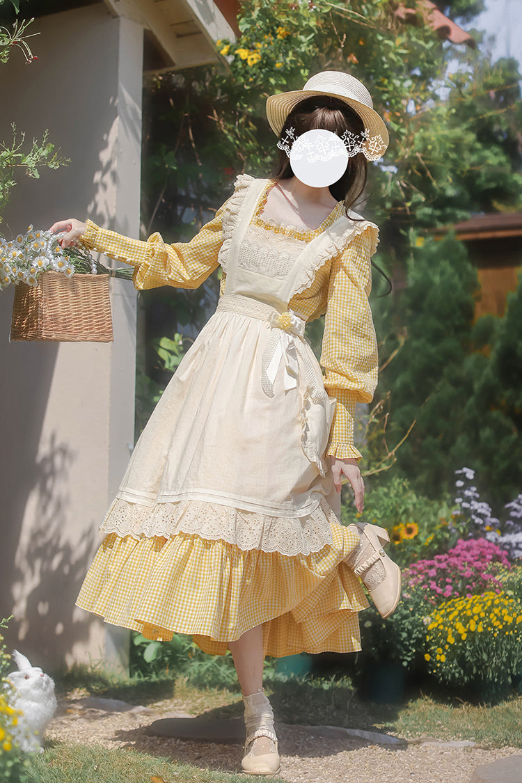 Yellow Long Sleeve Print Dress with Lace-Up and Ruffles