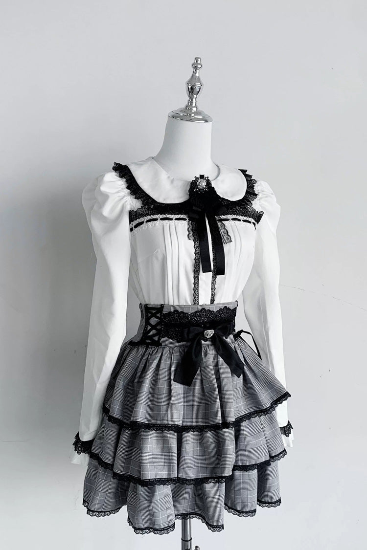 Doll Collar Triple Layered Ruffled Bow Lace Jirai Skirt and Blouse Set in Two Colors
