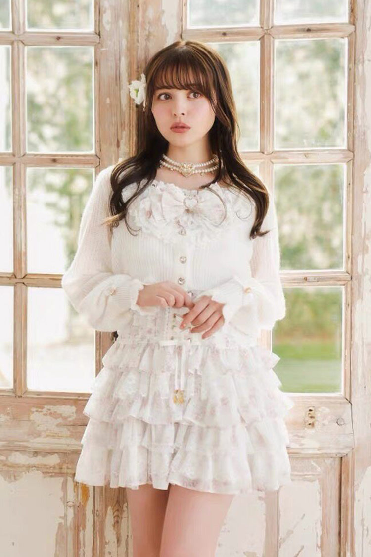 Multi Layered Ruffled Bow Print Long Sleeve Jirai Dress in Three Shades