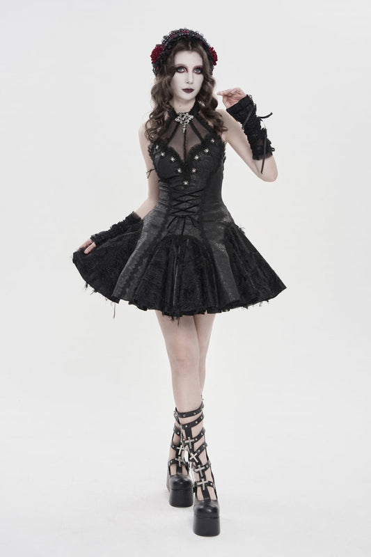 Off Shoulder Sleeveless Printed Spliced Lace Lace-Up Pleated Gothic Dress