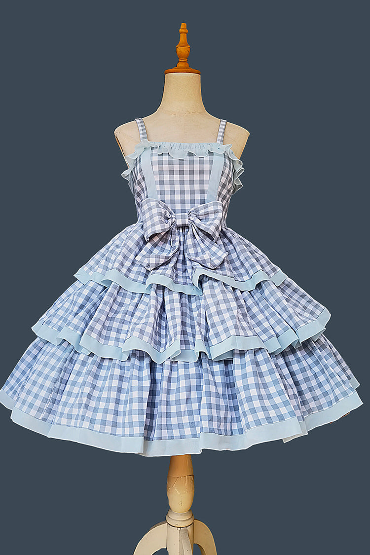 Blue Triple-Layered Plaid Ruffle Bow Sweet Lolita Dress
