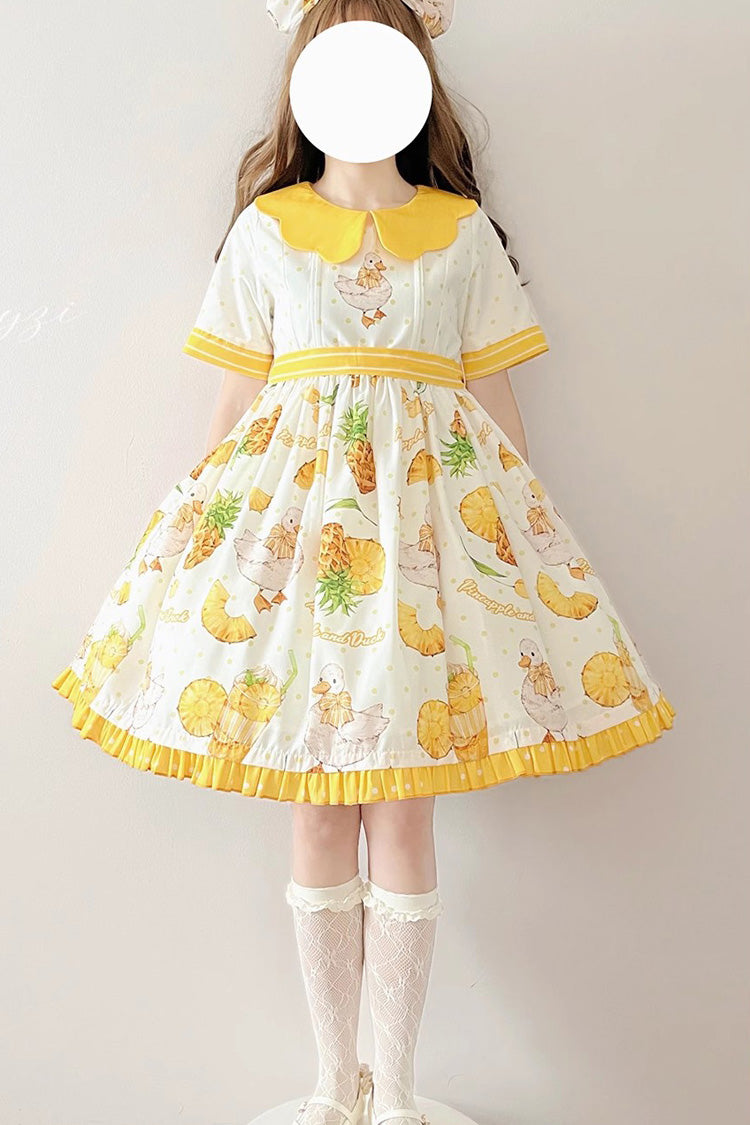Ivory and Yellow Short Sleeve Duck Print Ribbon Sweet Lolita One-Piece