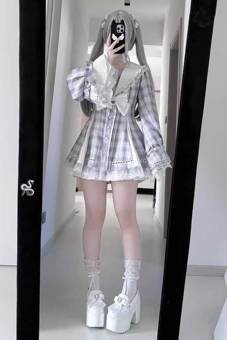 Sweet Square-Collar Bow Lace Pearl Jirai Kei Dress & Short Set