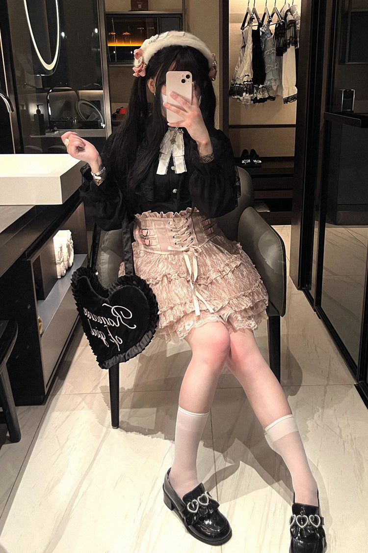 Rose Palpitations High Waisted Sweet Jirai Kei Skirt with Lace