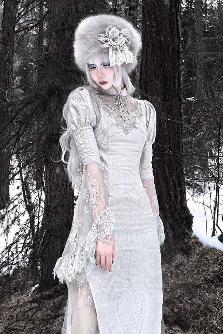 Silver High-Waisted V-Neck Long Sleeve Lace Ruffle Gothic Fishtail Dress - The Call of the Snow Country