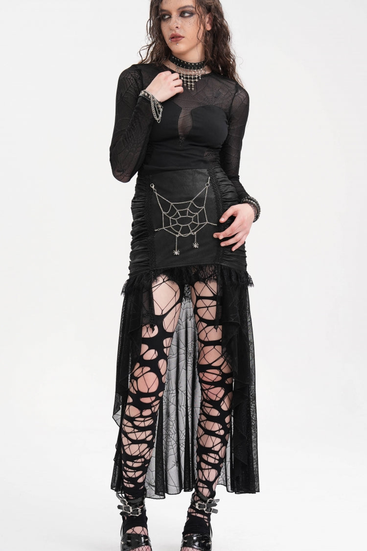 Gothic Skirt with Irregular Hem Lace Chain and Mesh