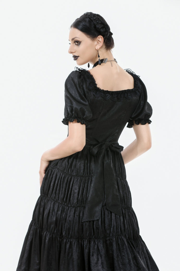 Square Collar Short Puff Sleeve Lace-Up Ruched Gothic Wedding Dress for Women Lace