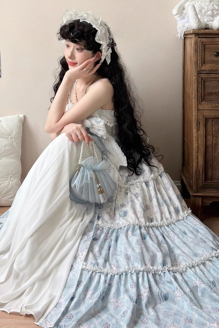 Elegant Princess Bowknot Cardigan Lace Light Blue Shell Print Jsk Dress