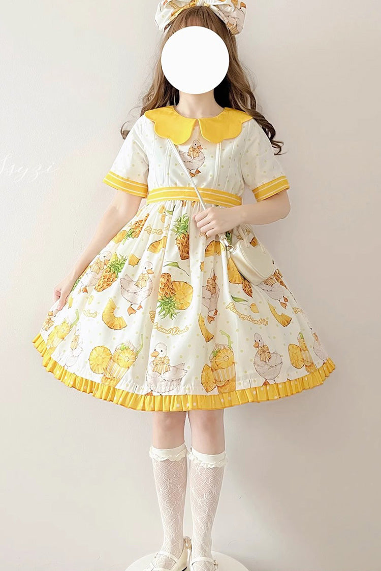 Ivory and Yellow Short Sleeve Duck Print Ribbon Sweet Lolita One-Piece