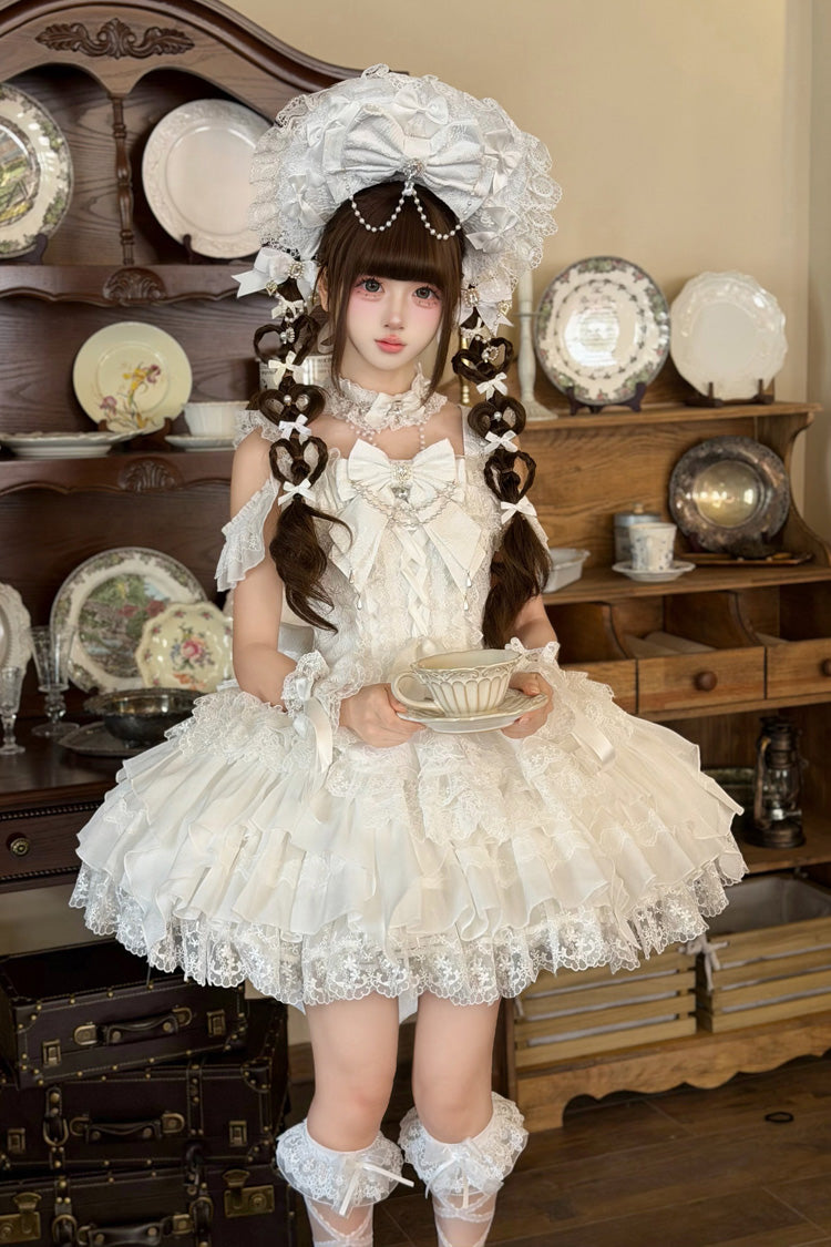 Ivory Ballet Pearl Square Neck Sleeveless Tiered Ruffle Bow Lace-Up JSK