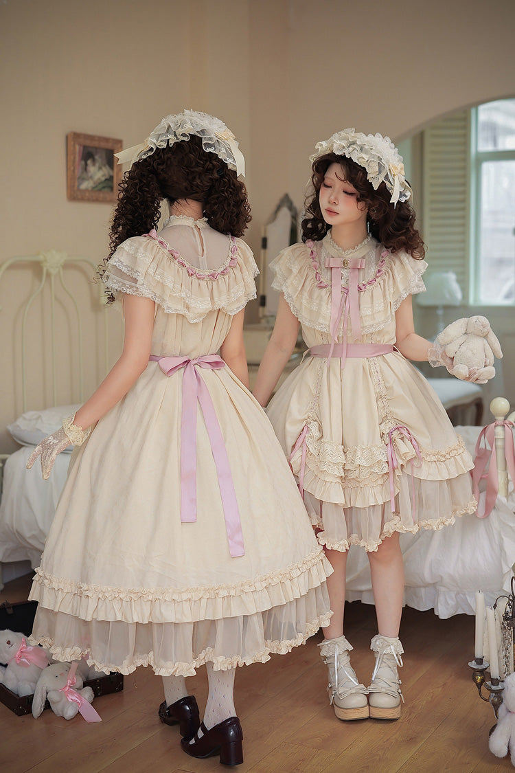 Apricot Sweet Lolita Dress with Stand Collar Short Sleeves Loose Doll-Like Ruffled Bow Lace