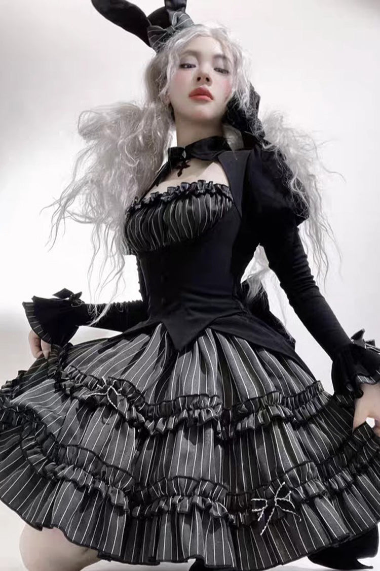 Charcoal Striped Long-Sleeve Ruffled Lace Dress - Duke of the Trap Rabbit