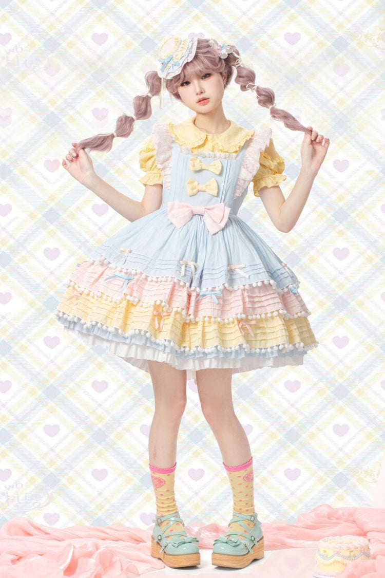 Blue Pink Yellow Sweetheart Macaron Ice Cream Multi-Layered Sweet Dress