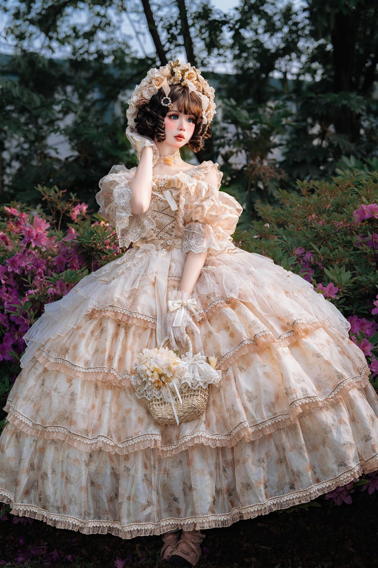 Yellow Off-Shoulder Princess Dress with Ruffle Print