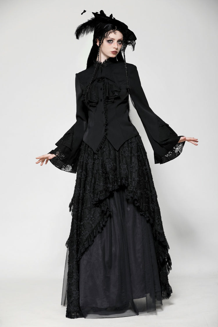 Multi-Layered Ruffled Stand Collar Long Flared Sleeve Gothic Blouse for Women Lace