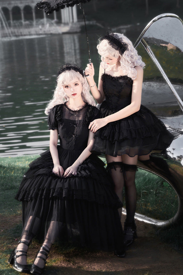 Black Gothic Dress with Five-Tiered Ruffle Sleeves