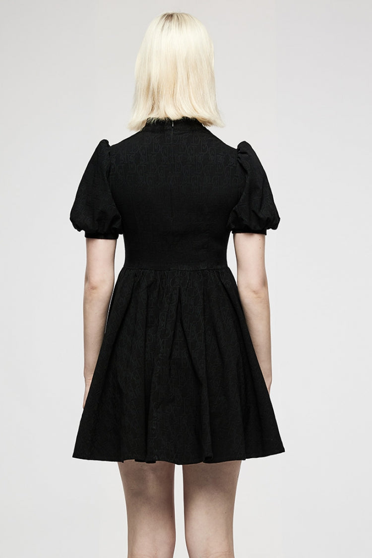 Vintage Black Jacquard Puff Sleeve Halter Punk Dress