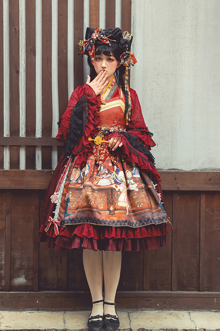 Multi-Color Nightmare Print Japanese Bow Ruffle Jsk Dress