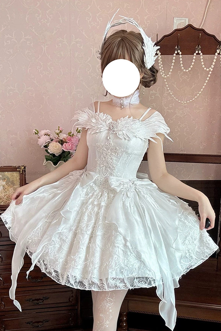 Ivory Square Collar Flutter Sleeve Embroidered Bow Lace JSK