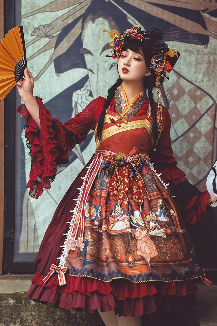 Multi-Color Nightmare Print Japanese Bow Ruffle Jsk Dress