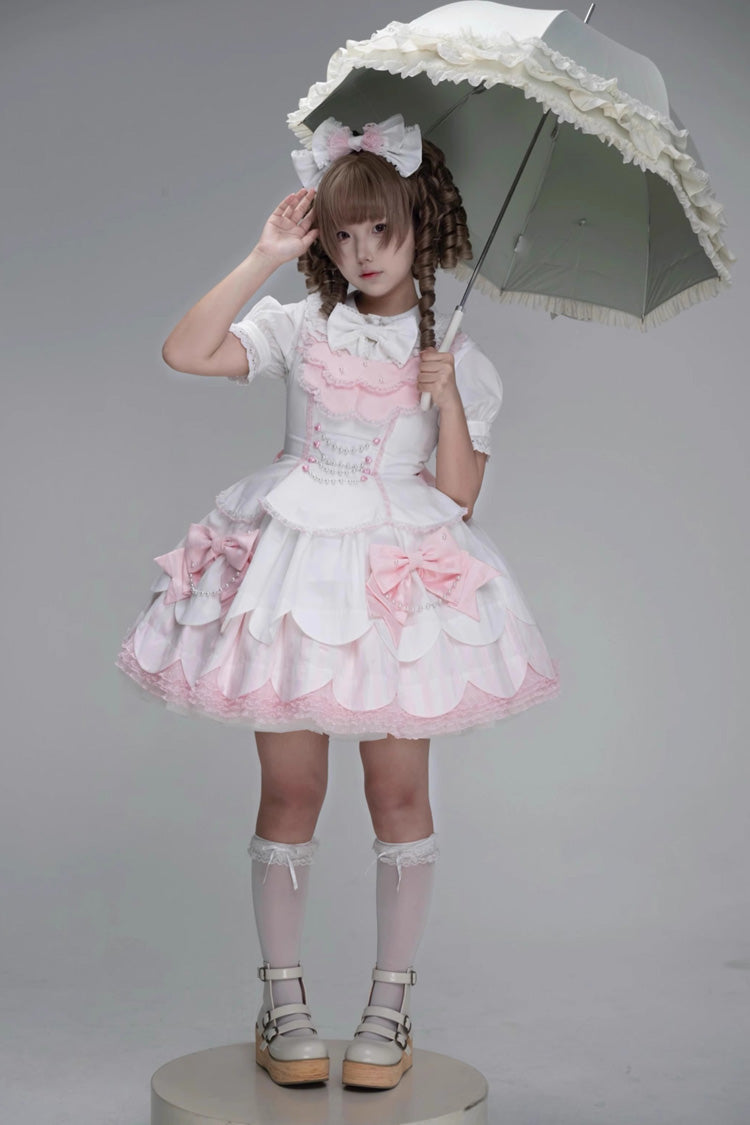 Pale Pink & White Sleeveless Multi-Layer Ruffled Bow Lace Pearl Sweet Lolita JSK