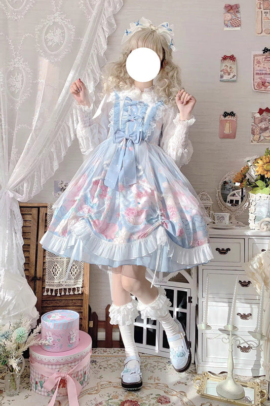 Azure High-Waist Rabbit-Print Sweet JSK with Ruffled Bow