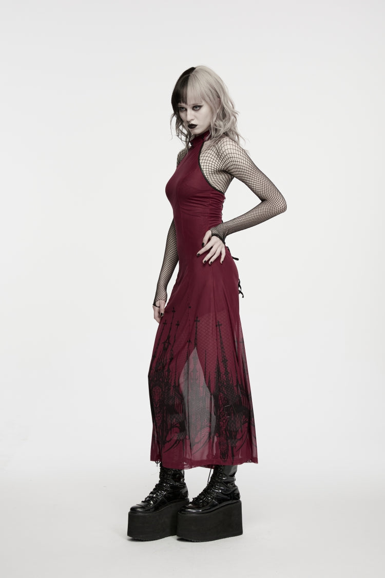 Red Halterneck Sleeveless Double-Layer Church Skull Printed Lace-Up Slim Gothic Dress