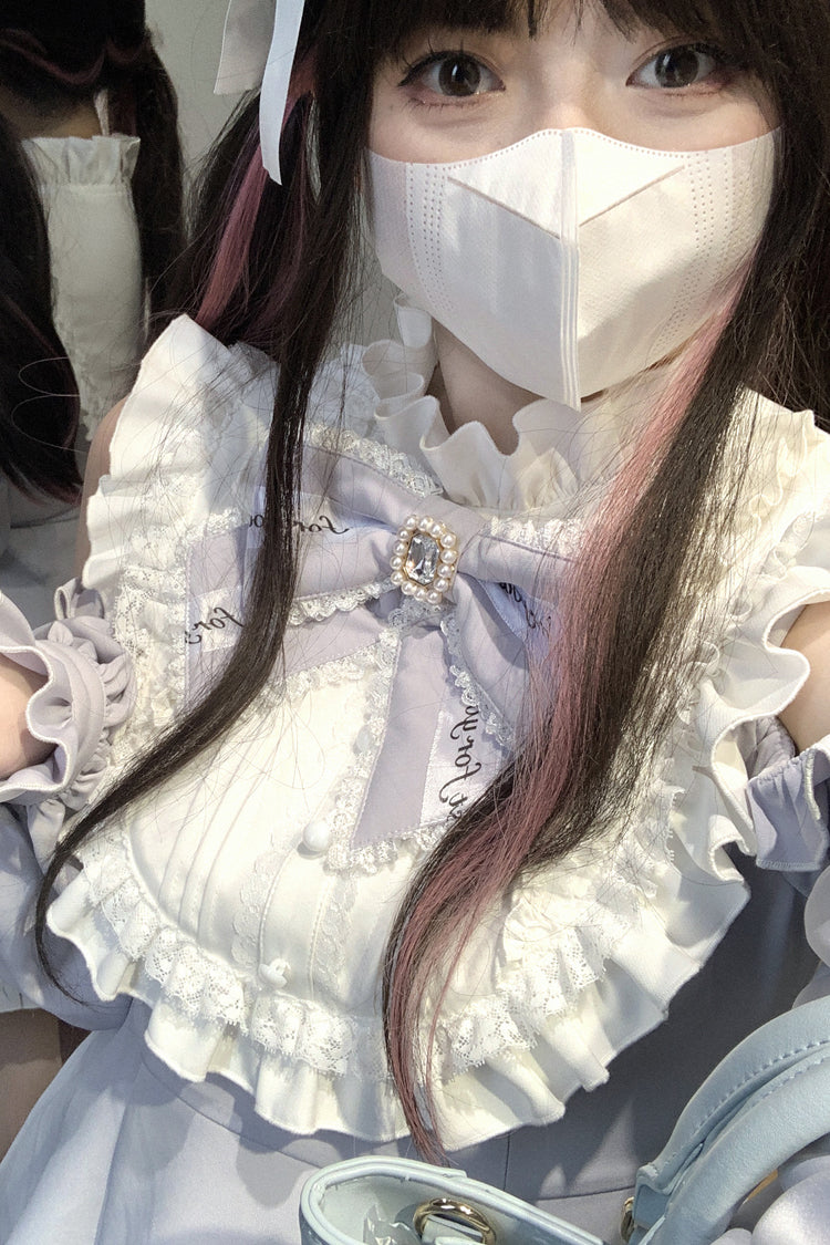 Light Blue Rose Princess Off Shoulder Long Sleeve Ruffle Bow Gothic Jirai Kei Dress