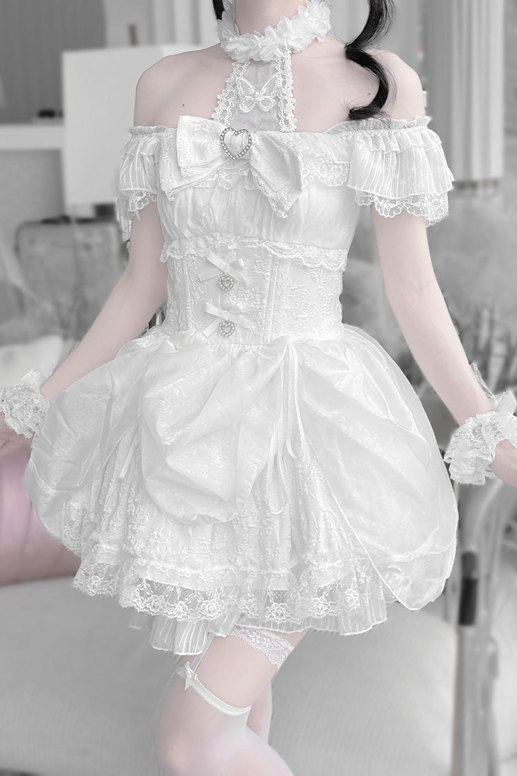 Ivory Halterneck Print Gothic Dress with Ruffles - Rose Dream