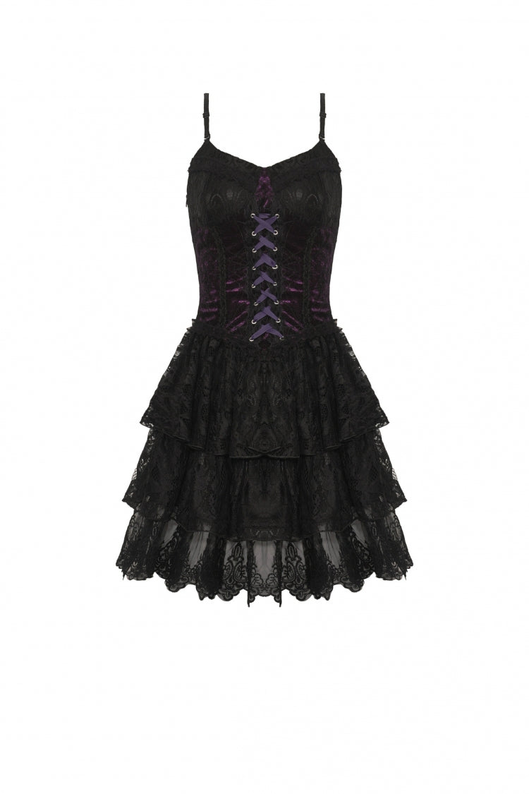 Black/Purple Multi-Layer Lace Lace-Up Gothic Dress