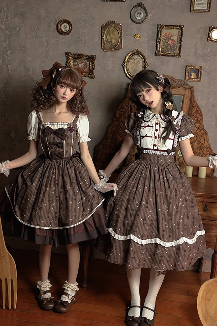 Brown Print Bow Sweet Elegant Princess Dress Long - Hot Air Balloon