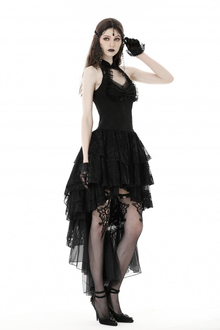 Off Shoulder Halterneck Lace Irregular High Low Multi-Layered Gothic Dress