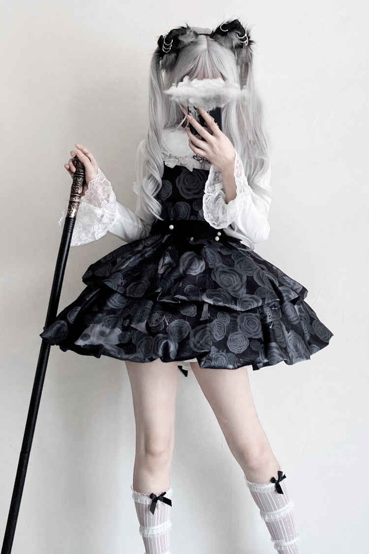 Midnight Rose Print Two-Layer Bowknot Gothic Lolita JSK Dress