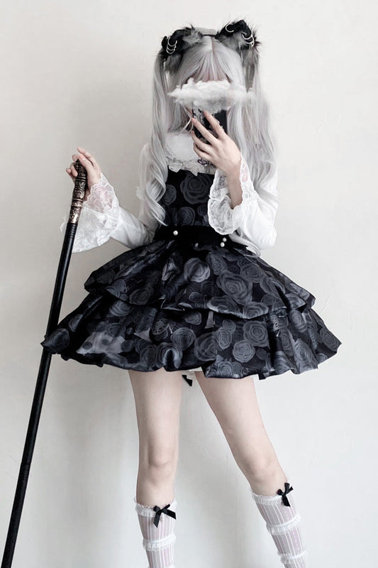 Midnight Rose Print Two-Layer Bowknot Gothic Lolita JSK Dress
