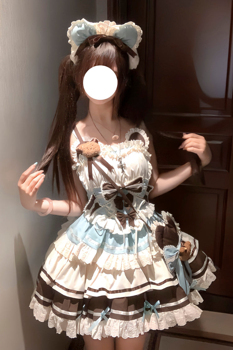 Green and Chocolate Sweet Lolita JSK Dress with Multi-Layered Ruffle and Bowknot