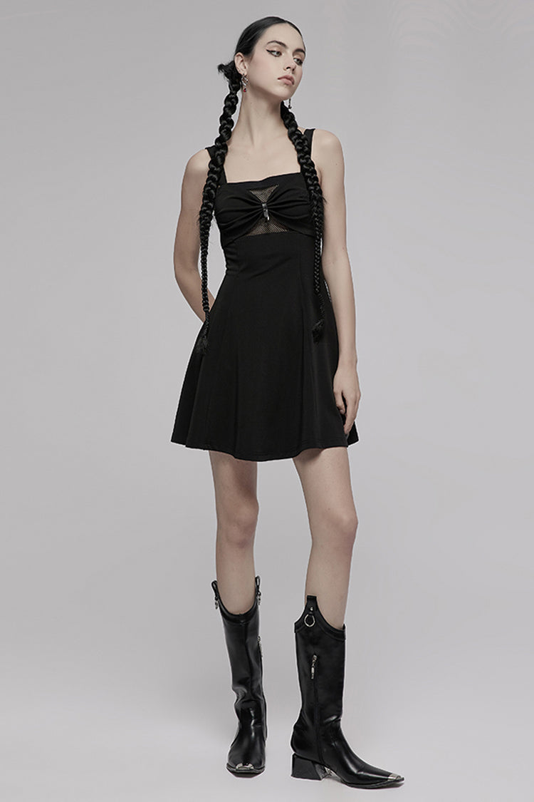 Suspender Hollow Mesh Metal PU Buckle Bow Sleeveless Punk Dress
