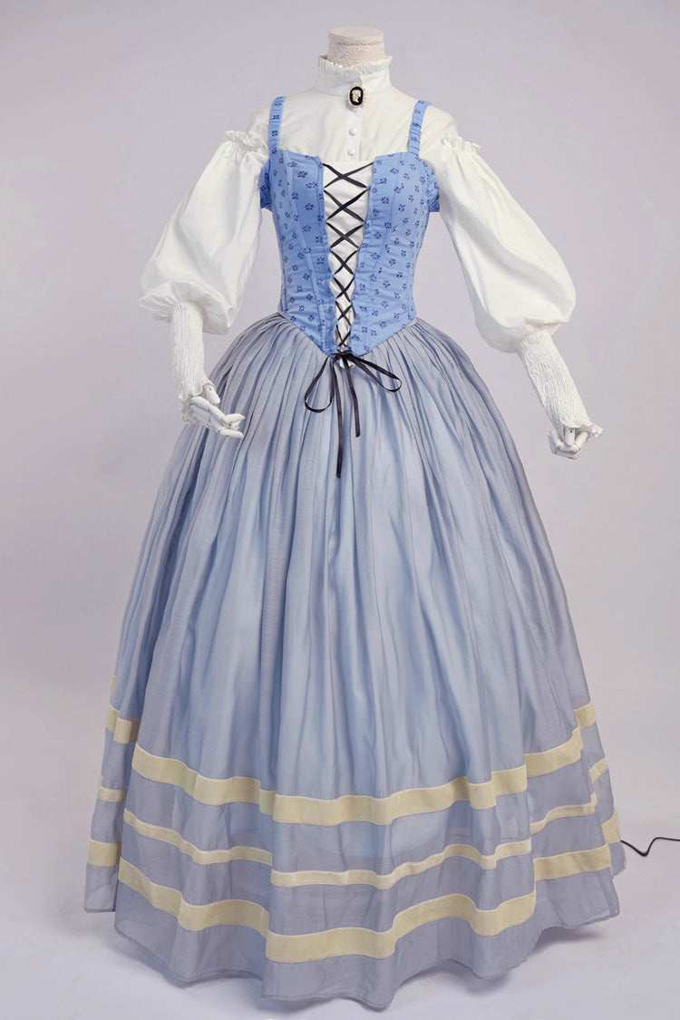 Light Blue Puffed Sleeve Corset Dress with Lace-Up and Fishbone Detail