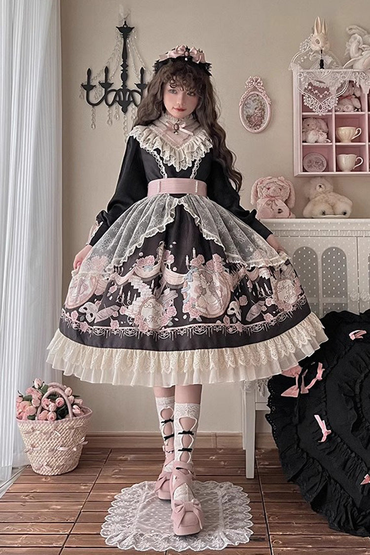 Dark Rose Prologue Print Long-Sleeve Ruffle Sweet Elegant Lolita Dress