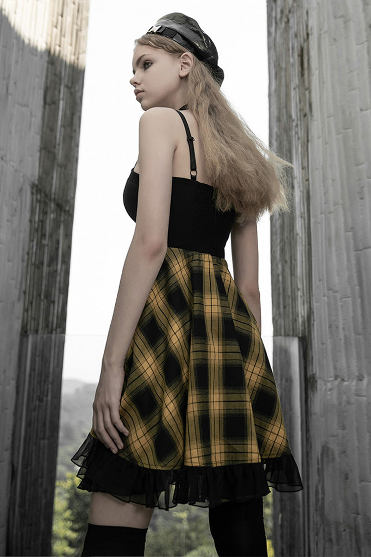 Lattice Plaid Stitching Binding Steam Punk Strap Dress