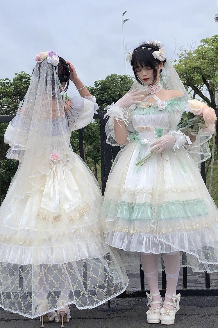 Long Sleeve Multi-Layer Ruffle Bow Lace Lace-Up Sweet Princess Lolita Dress - Green