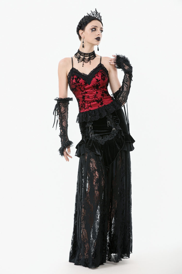 Gothic Velvet Long Skirt with Lace and Lace-Up, Black