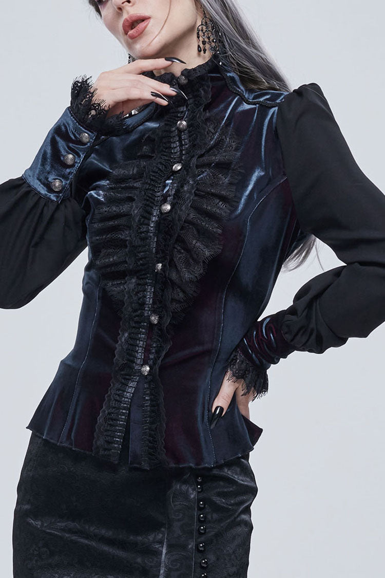 Gothic Turtleneck Shirt with Lantern Sleeves, Velvet Lace-Up, 3D Lace