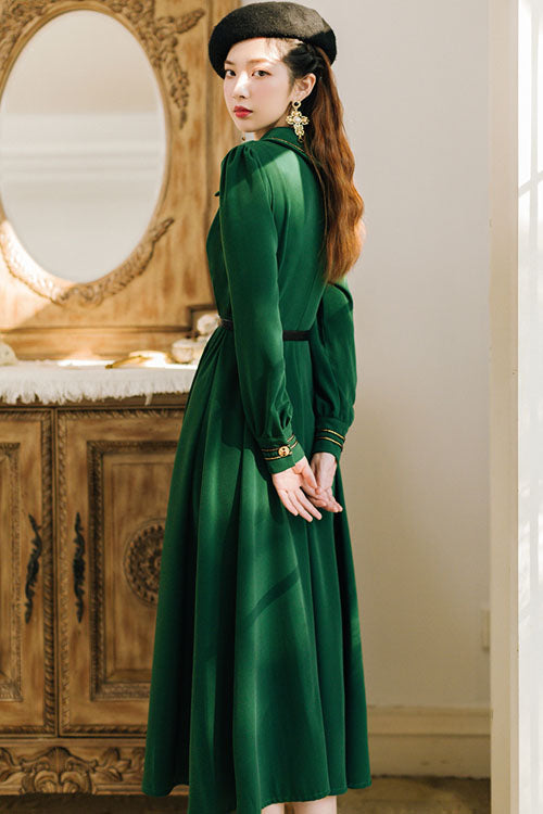 Navy Vintage Lapel Collar High-Waisted Long-Sleeve Classic Lolita Dress