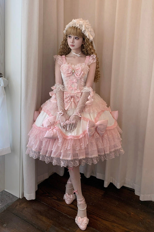 Ivory & Pink Square Collar Multi-Layer Ruffled Bow Lace Sweet Lolita JSK