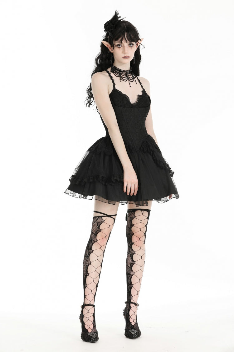 Lace Trimmed Lace-Up Gothic Party Slip Dress with V-Neck
