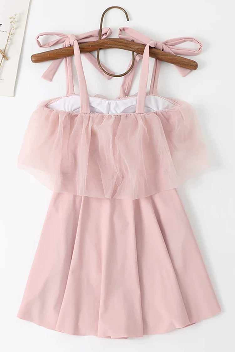 Pink Sleeveless Ruffled Lace-Up Japanese Sweet One-Piece Swimsuit