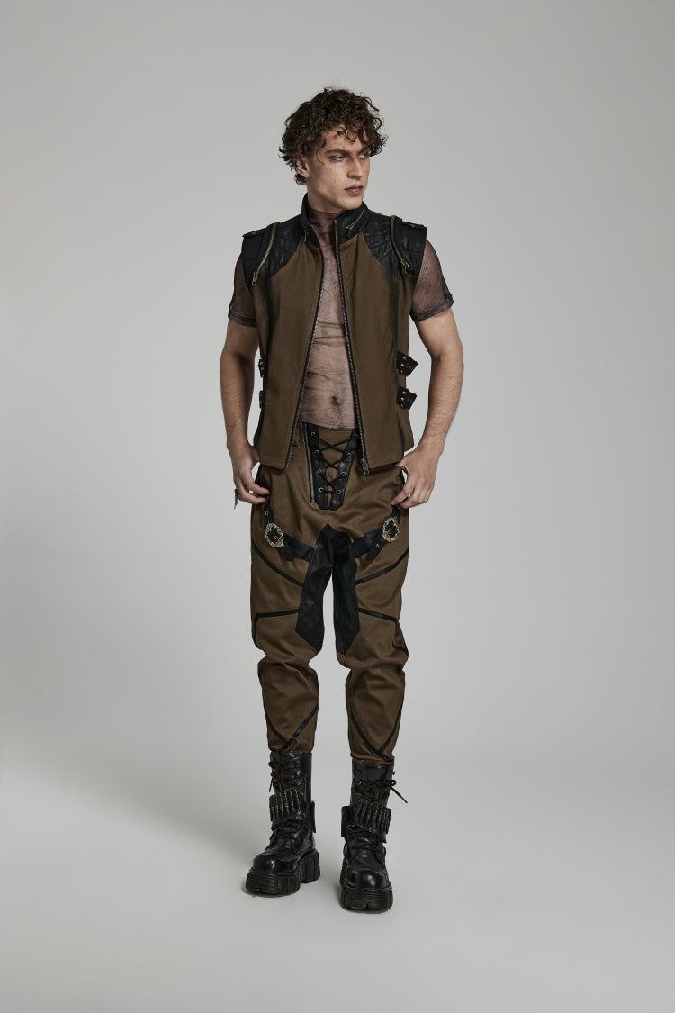 Cocoa Stand Collar Steampunk Vest with Side Webbing and Stitching