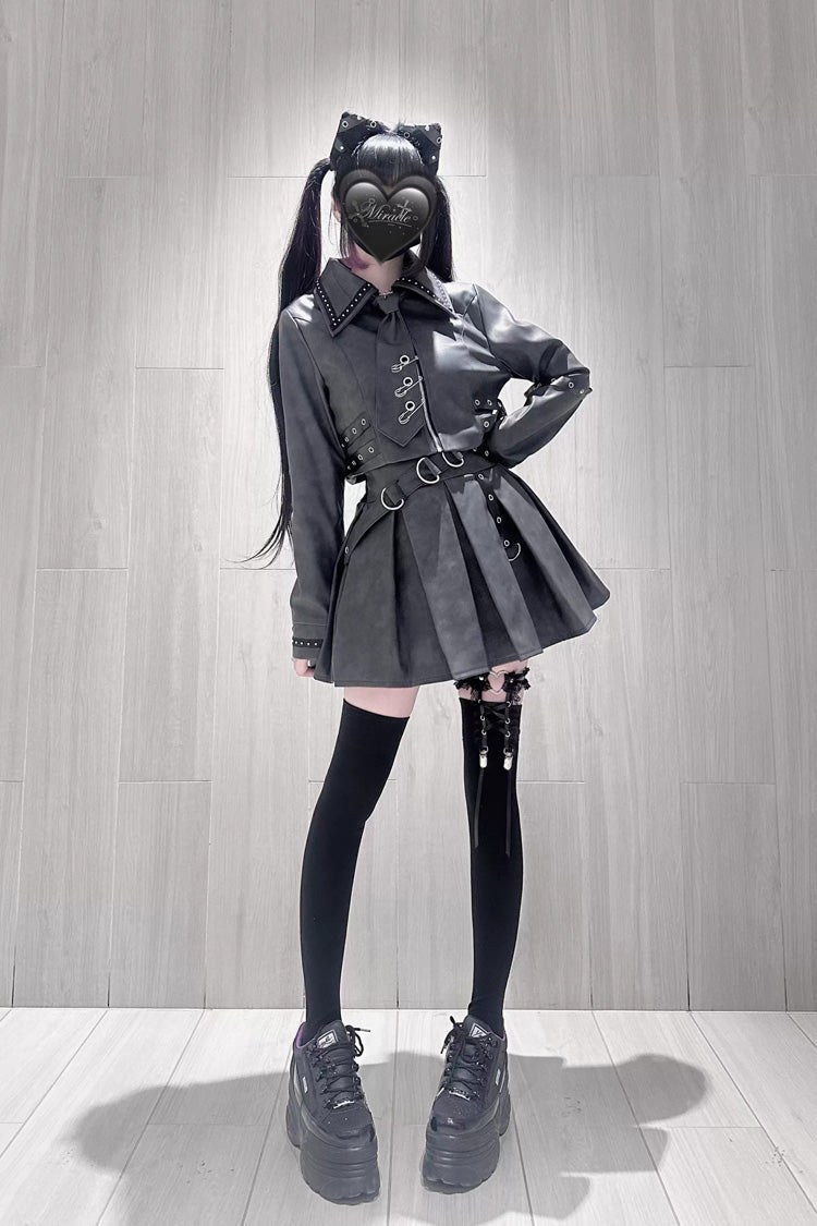 Eternal Night Lapel Collar Studded Eyelet Gothic Handsome Top Skirt Set